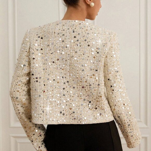 beige Women's Elegant Sequin Embellished Tweed Short Blazer Jacket - Picture 2 of 8